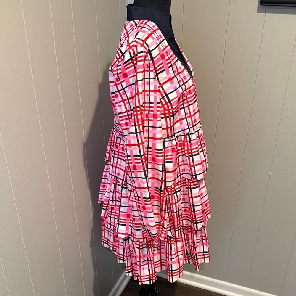 Sail to Sable Red Pink and White V Neck Layered Preppy Plaid Midi Dress - Picture 3 of 5